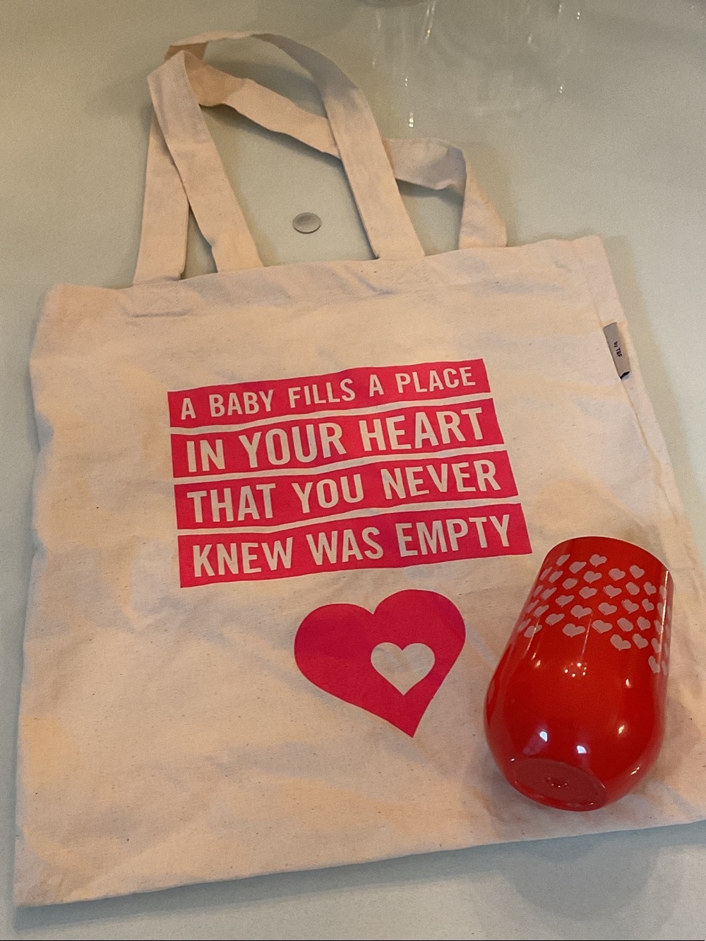 Pink Heart Quote Tote Bag and heart cup